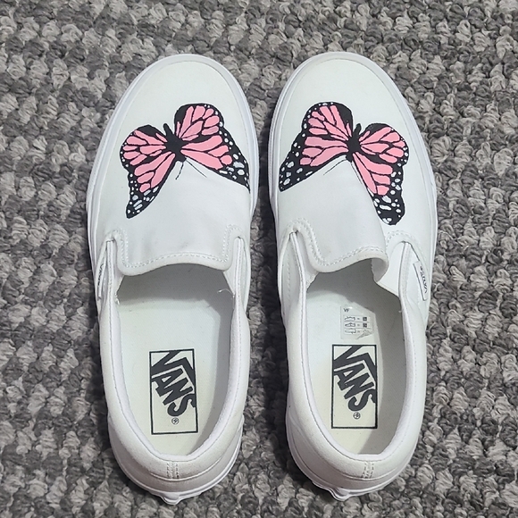 Vans White Slip-On Sneakers‎ Hand Painted Pink Butterfly Design 7 - Picture 6 of 13